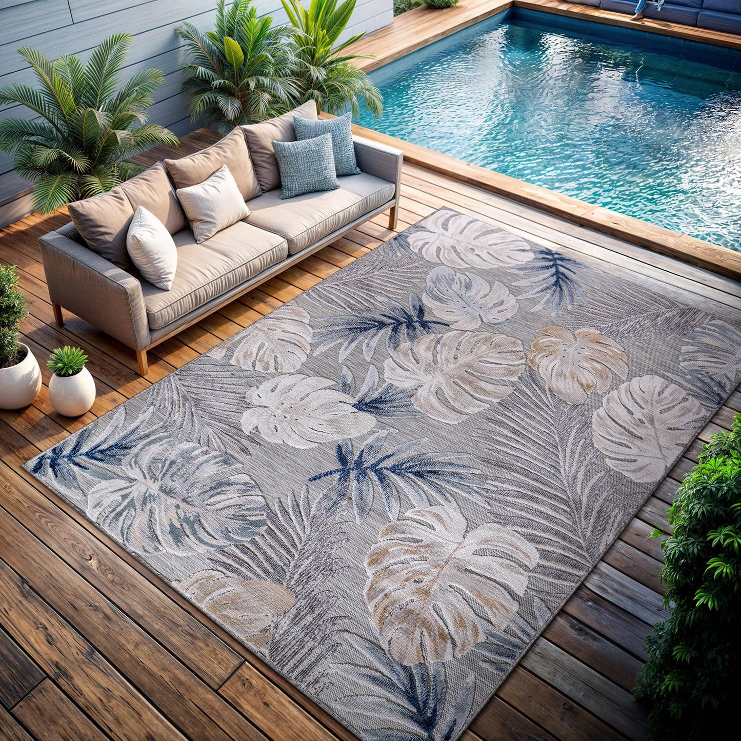 CAMILSON Indoor Outdoor Rug, Blue 7’10”x10’ Leaf Tropical Botanical Area Rugs for Indoor and Outdoor patios, Easy-Cleaning Non-Shedding Living Room, Garden and Kitchen Washable Outside Carpet (8x10)