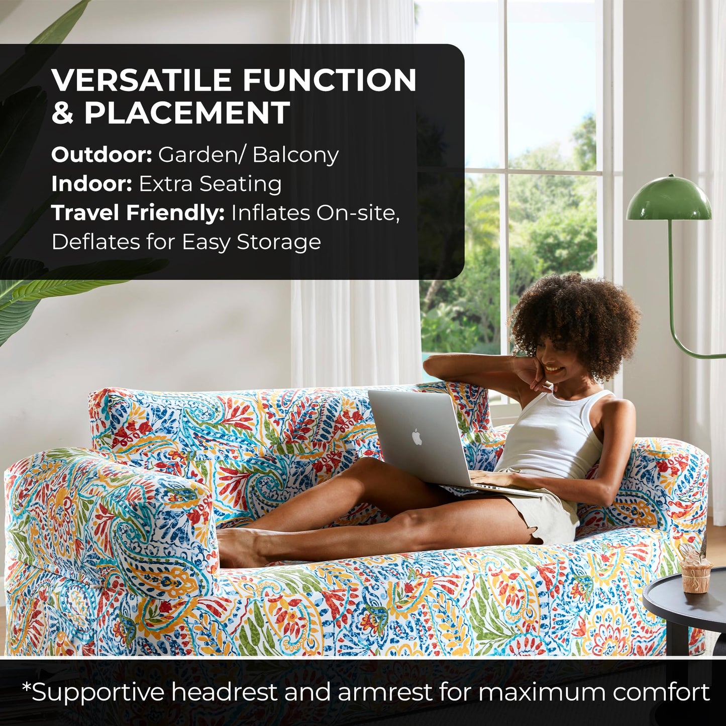 510 DESIGN Inflatable Couch Air Sofa - Blow Up Chair Portable with Handle & Tie-Down Loops, Weatherproof & Water Repellent Indoor/Outdoor Sofa for Patio, Camping, Pool, 67" Lx33 Wx28 D Multi