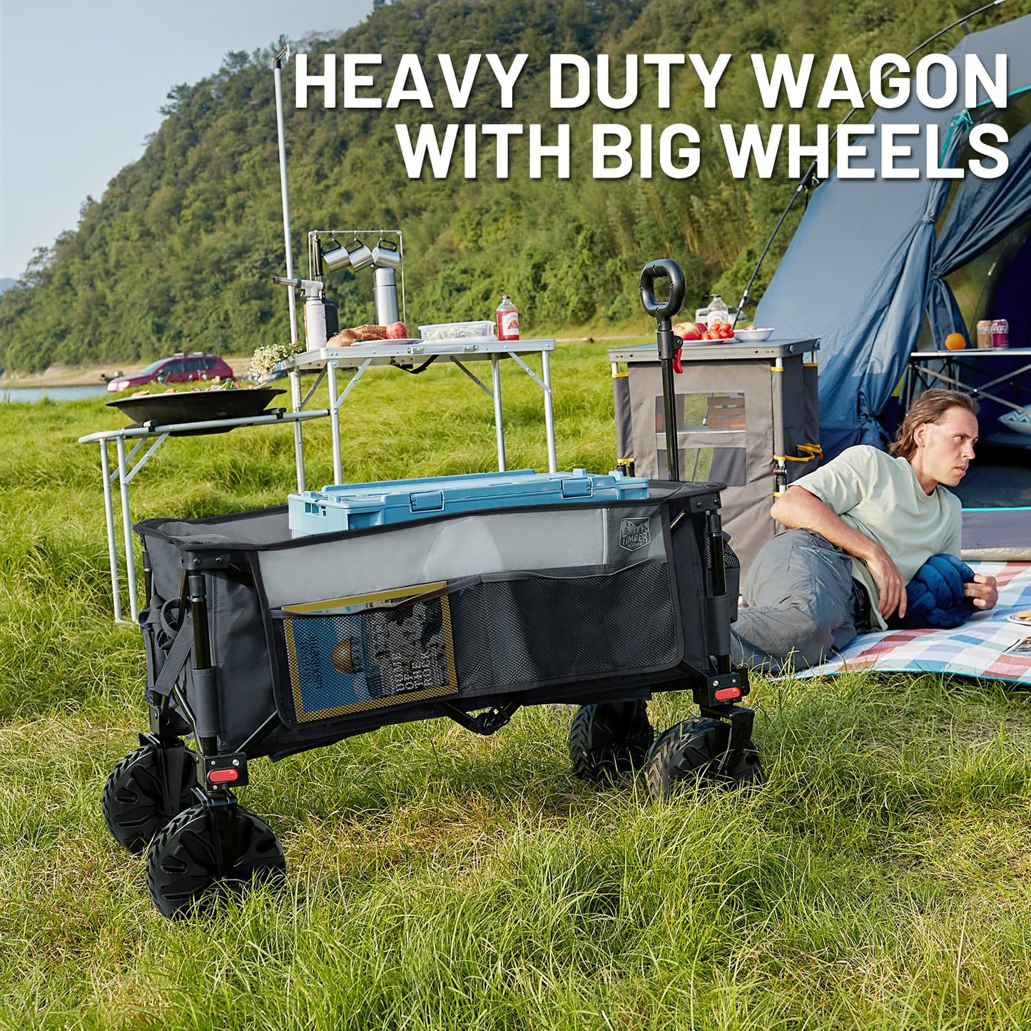 Timber Ridge Collapsible Wagon Utility Folding Cart Heavy Duty All Terrain Wheels for Outdoor Shopping Camping Garden Sports with Side Bag and Cup Holders, Grey