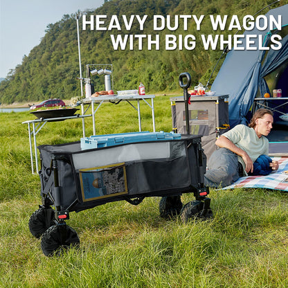 Timber Ridge Collapsible Wagon Utility Folding Cart Heavy Duty All Terrain Wheels for Outdoor Shopping Camping Garden Sports with Side Bag and Cup Holders, Grey