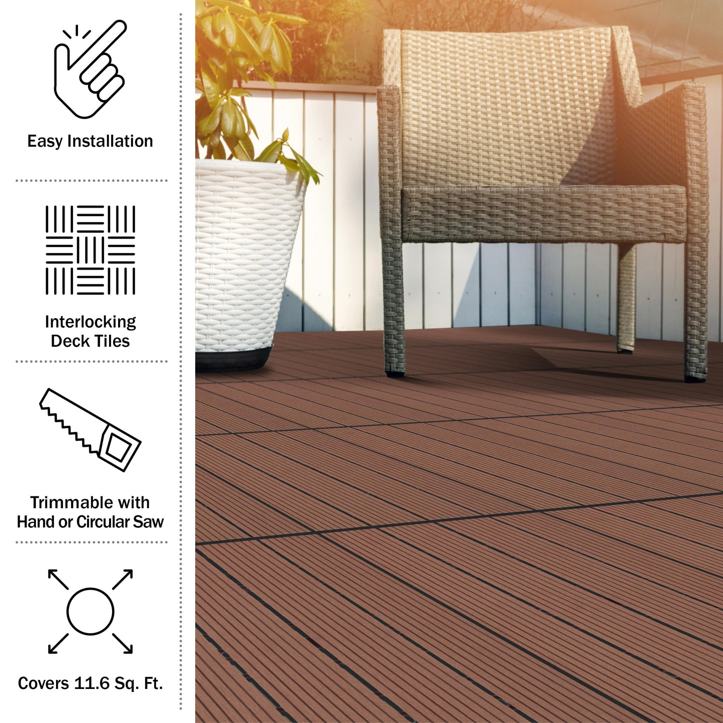Interlocking Deck Tiles - 30-Pack 11.6-in Wood Plastic Composite All-Weather Outdoor Flooring Balcony Poolside or Patio by Pure Garden (Brown)