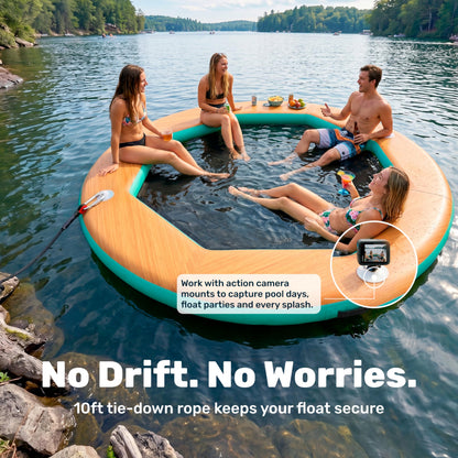 SLOOSH 8FT Inflatable Water Hammock Floating Dock, Sunchill Float Ring with Wood Grain & Mesh Design, Round Floating Dock Platform with Removable Cup Holders for Lake, River, or Boat Party