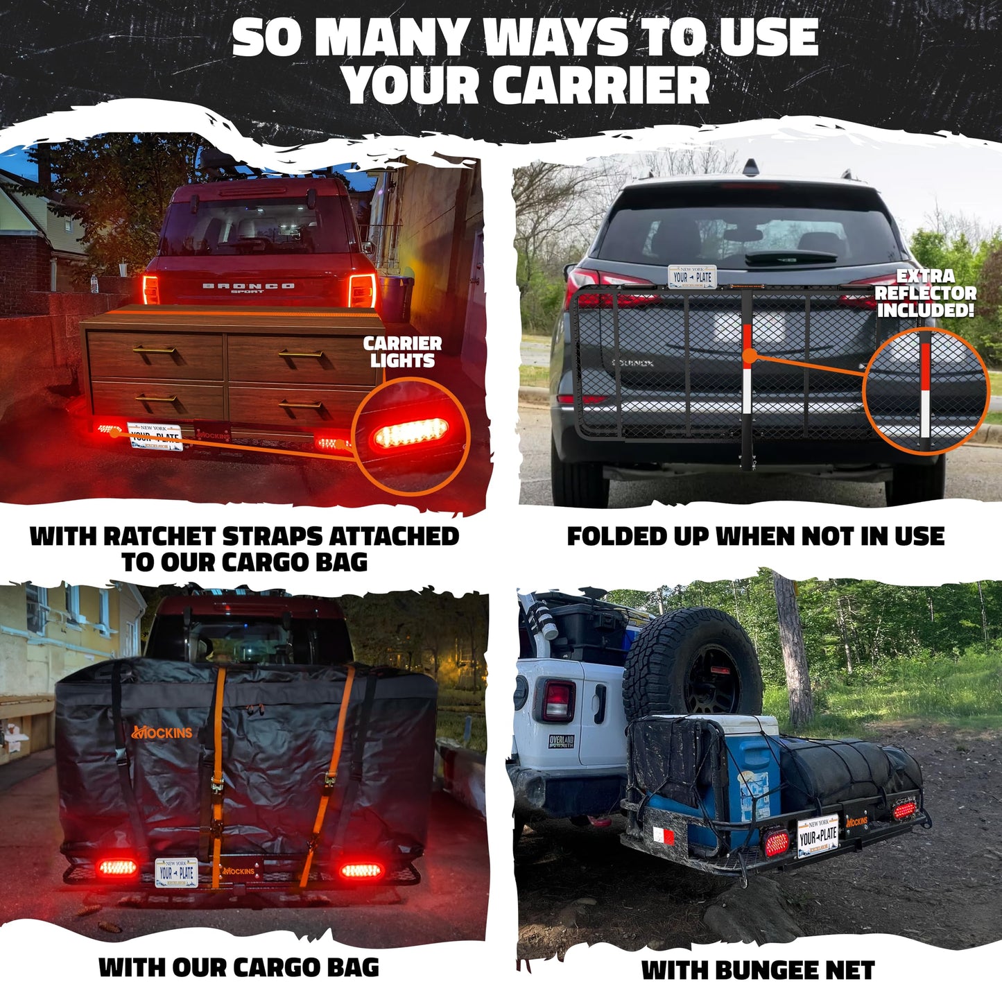 Mockins 60"x20"x6" Heavy-Duty Trailer Hitch Cargo Carrier w/ 20 CuFt Waterproof Cargo Bag | 500 Lb Cap All-Weather Folding Luggage Rack for SUV Car & Truck w/Rear Lights, License Plate Holder & More