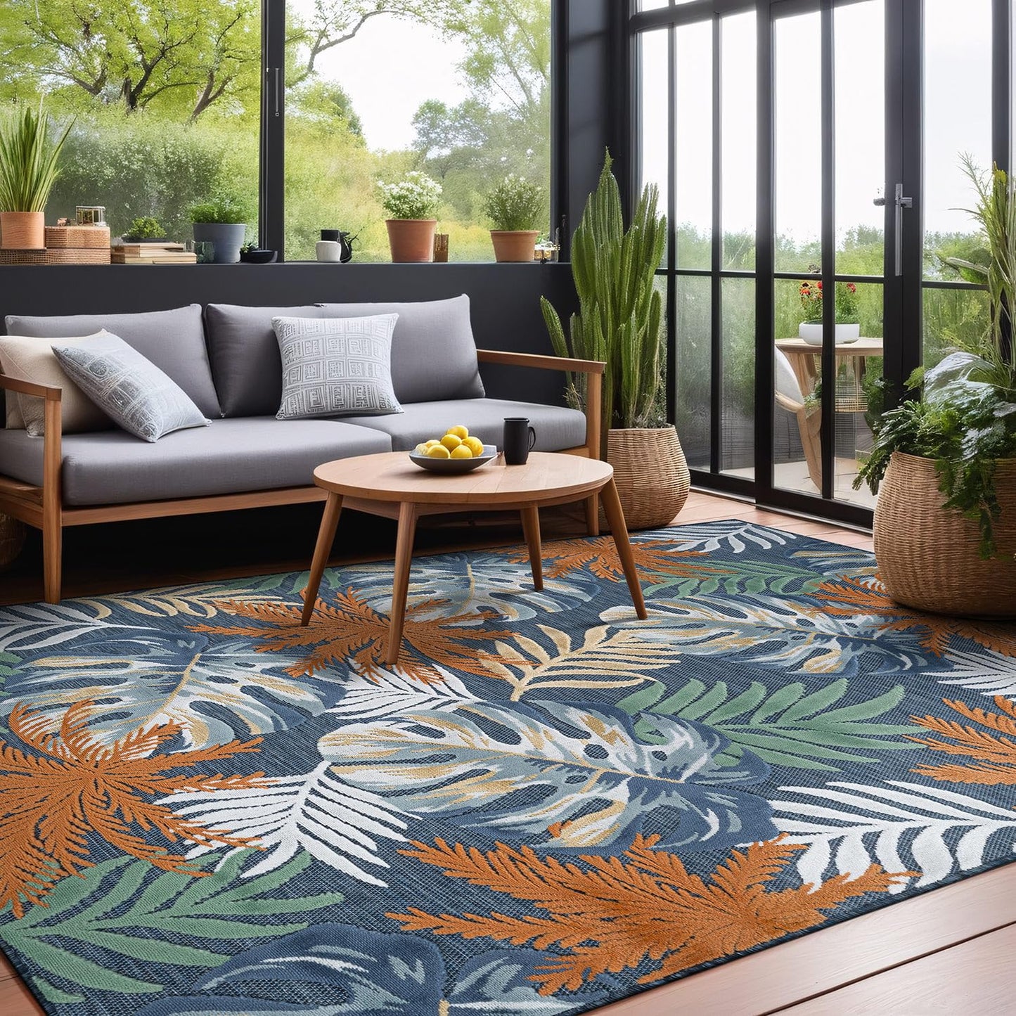 Luul Home Floral Indoor Outdoor Rugs 8x10 Large Area Rug for Living Room, Patio Decor, Kitchen, and Entryway Rug, Washable Stain Resistant Outside Carpet Midnight 8 x 10
