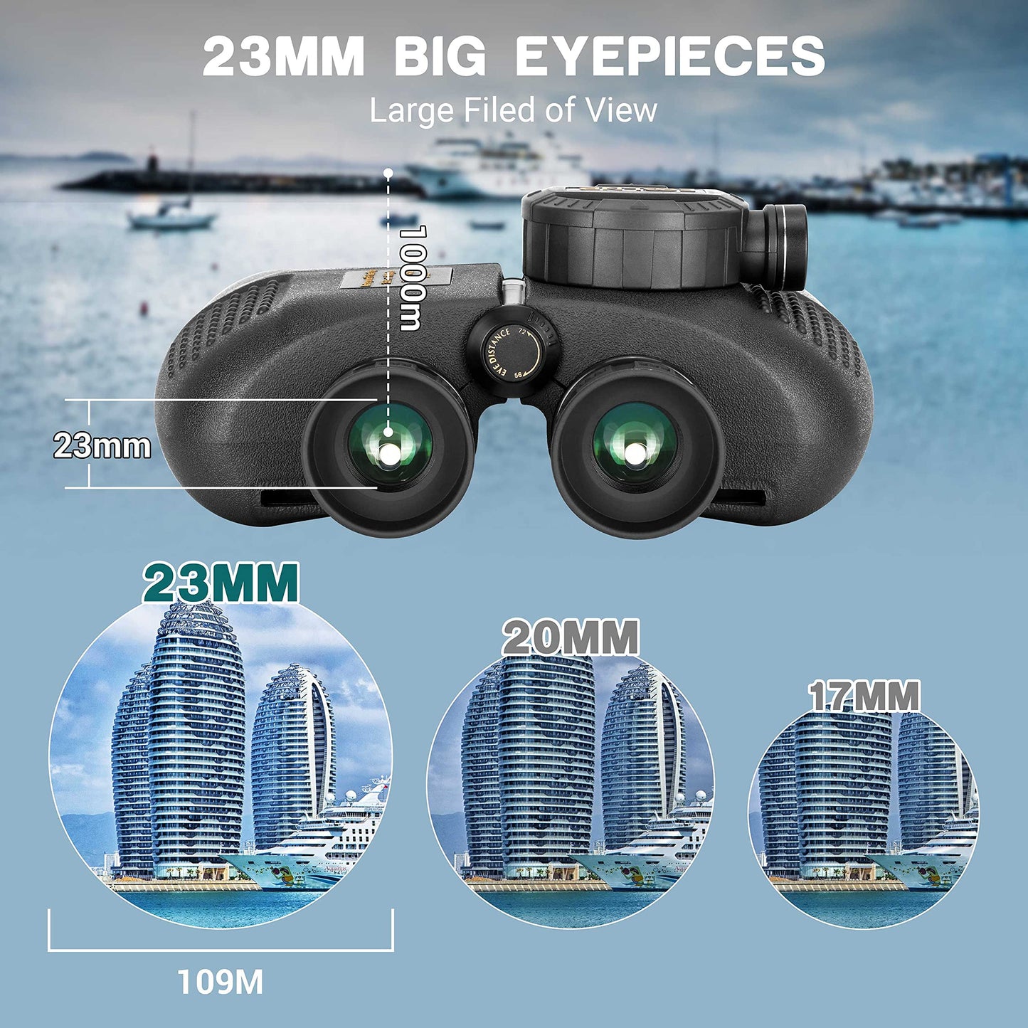 ESSLNB 10X50 Marine Binoculars with Illuminated Rangefinder, Compass, IPX7 Waterproof, BAK4 Prisms, for Navigation, Hunting, Includes Strap and Carrying Bag