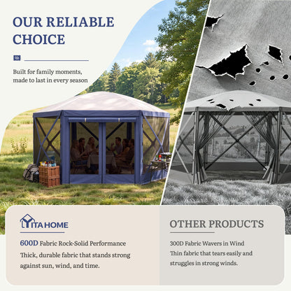 YITAHOME 12x12ft Camping Gazebo, Portable Pop Up Canopy Outdoor Screen Tent 6 Sided with Mesh Windows and Carry Bag for Camping, Picnic, Backyard Party Outside Activities, Gray