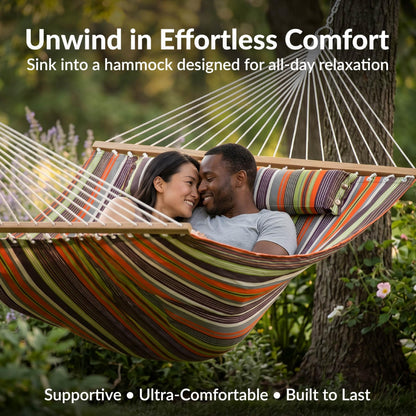 Sunnydaze Quilted Double Hammock for Outside with Spreader Bars and Pillow - 450 lb Capacity, 74x55 Inch Bed, UV Resistant, Quick Dry - Chains Included, Stand Sold Separately - Canyon Sunset
