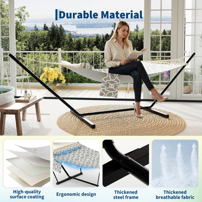 Double Hammock with Stand - Heavy Duty Portable 2 Person Design with Adjustable Steel Stand, Max 450LBS, Ideal for Outdoor Patio, Garden, Beach & Backyard