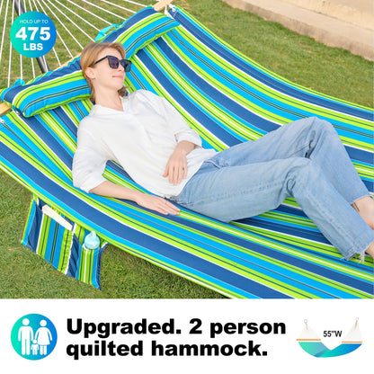 GAFETE Hammock 2 Person Quilted Fabric Hammocks for Outside, Double 12ft Hammocks with Spreader Bar, Large Removable Pillow, Storage Bag, Carabiners, Max 475 lbs Capacity (Garden)
