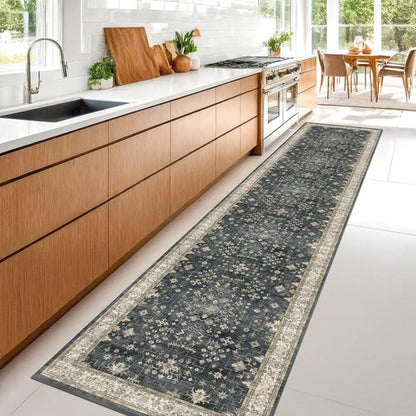 Boho Black Washable 2x10 Hallway Runner Rug - Non-Slip Vintage Floral Carpet for Kitchen & Entryway