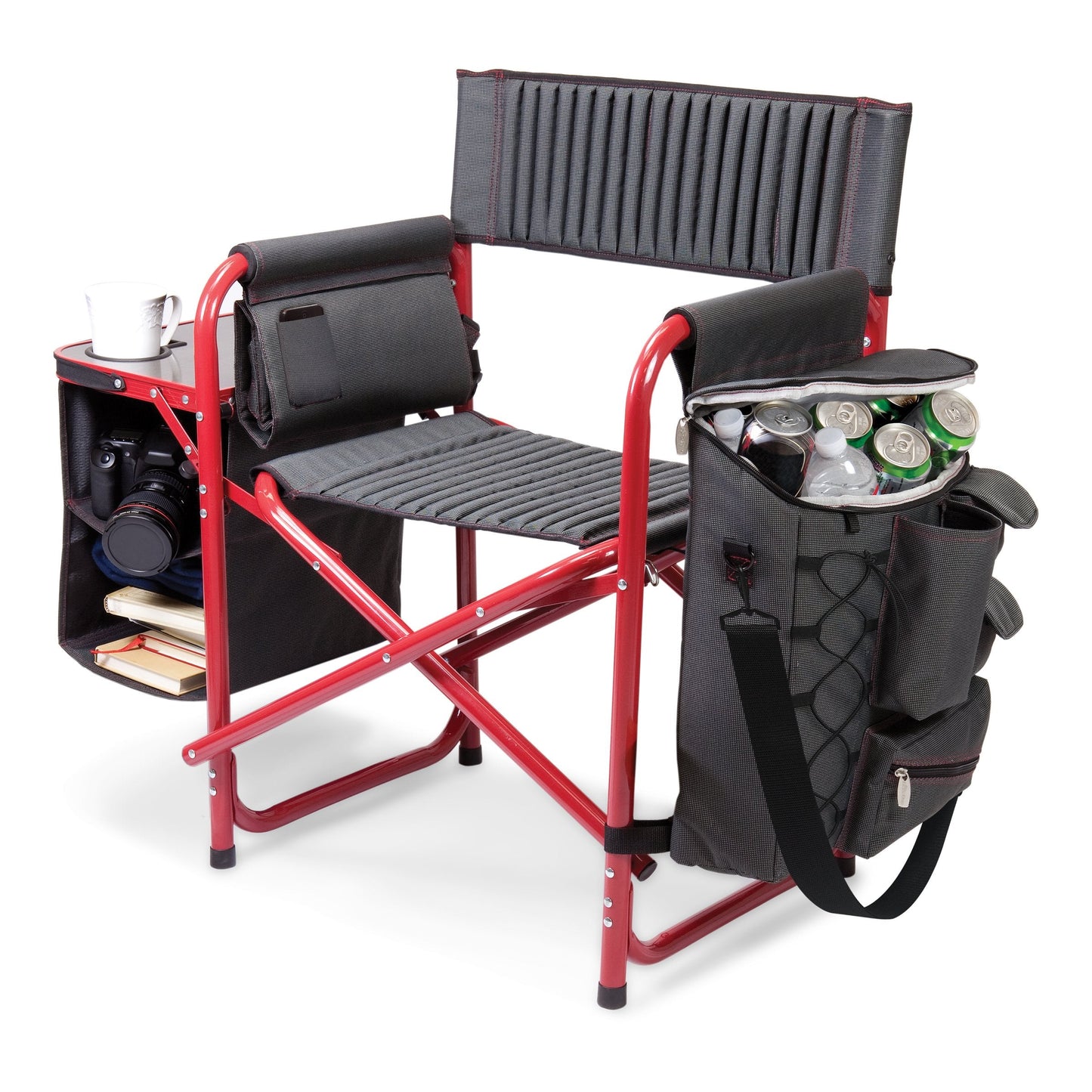 PICNIC TIME Fusion Camping Chair with Side Table and Soft Cooler, Outdoor Foldable Padded Camping Chairs with Cup Holder for Lawn, Beach, & Sports Use for Adults, (Dark Gray Red Accents)