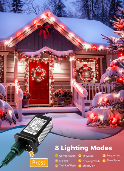 Minetom C9 LED Christmas Lights Outdoor, 100 Lights, 81 Feet, Waterproof, Timer, Red & Pure White