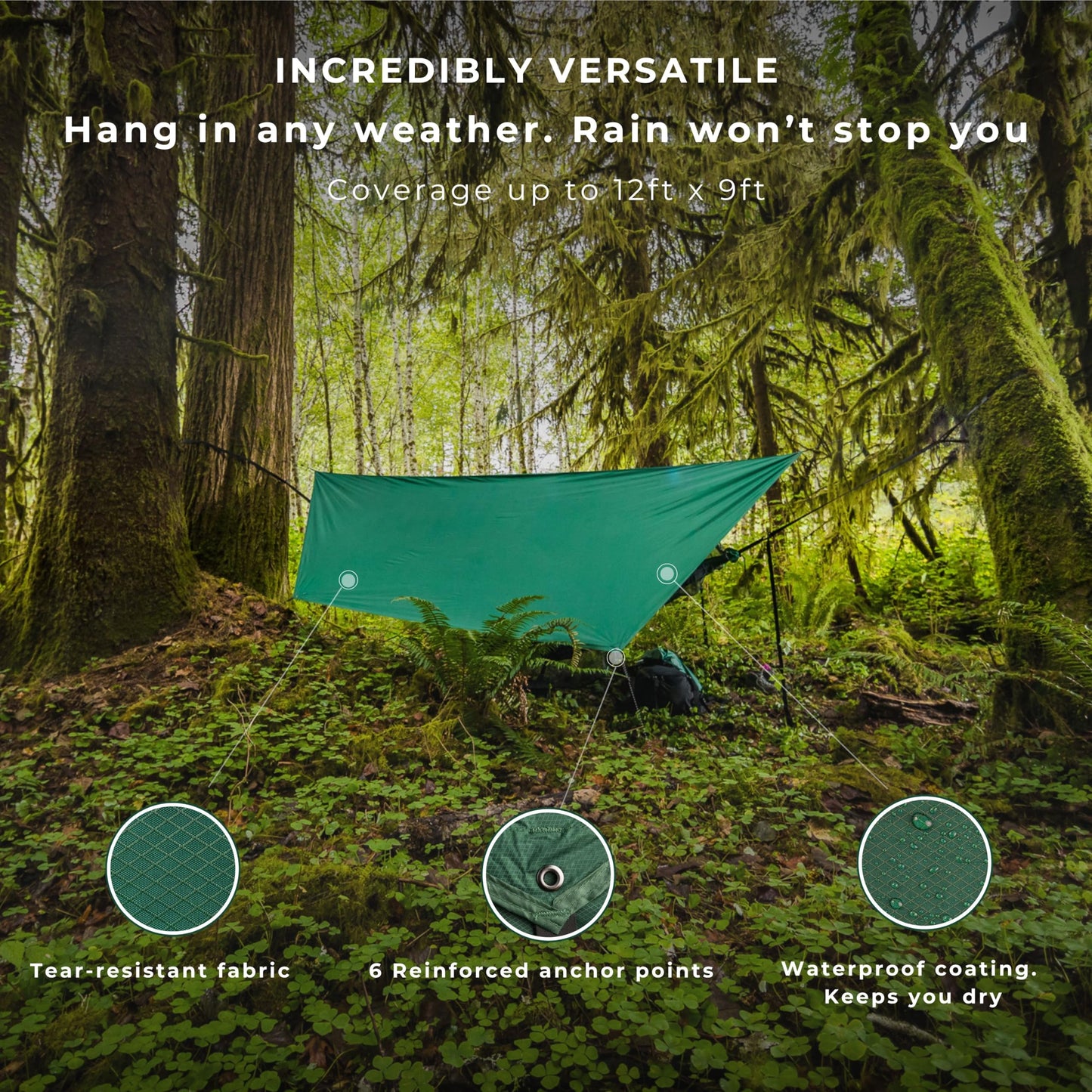Camping Hammock with Bug Net and Rain Fly – Durable Ripstop Nylon Construction with 12’ Tree Straps, 5kn Carabiners, Tent Stakes and Waterproof Carry Bag
