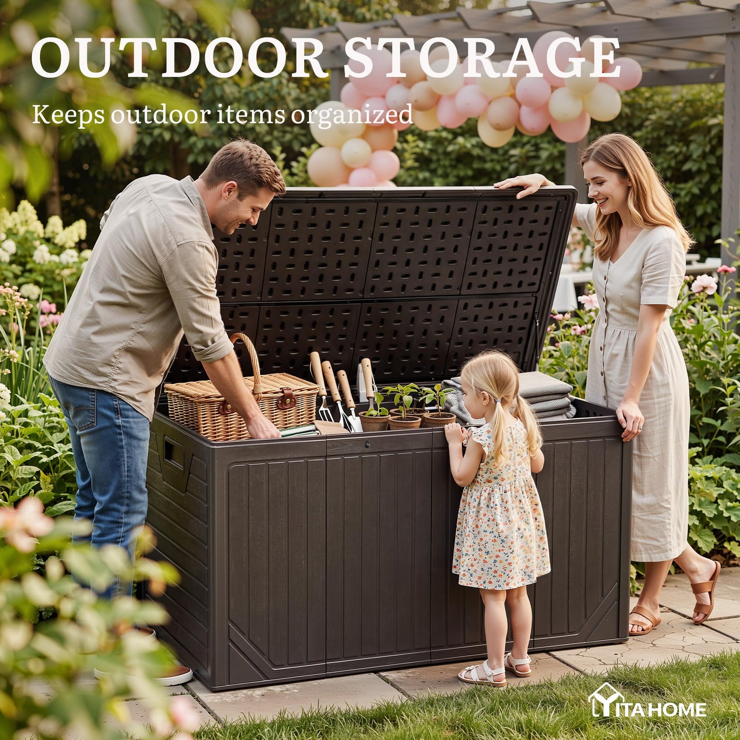 YITAHOME XXL 300 Gallon Extra Large Outdoor Deck Box, Lockable Resin Double-Wall Storage Box and Waterproof Patio Furniture Bin for Garden Tools & Pool Accessories, Brown