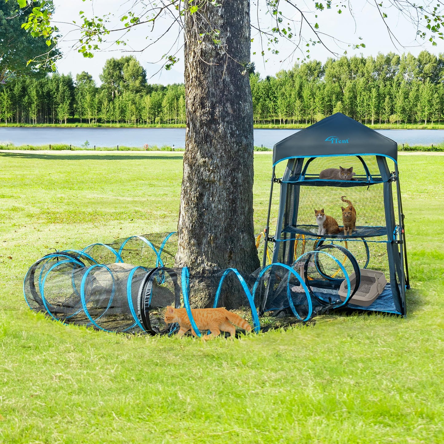 Itent X-Large Catio Outdoor Cat Enclosure,3 Tier Cat Tower Tent Weatherproof & Sunproof with Waterproof Floor & 3 Doors, Foladable and Portable for Patio, Deck,Camping, Indoor & Outdoor(Patented)+3 Tu
