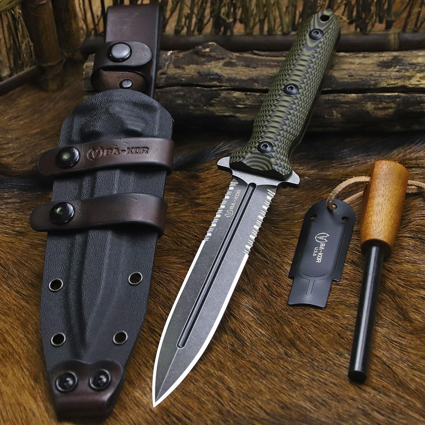 BA-KOR 11.4” Fixed Blade Hunting Knife, CPM 3V Steel Full Tang Survival Knife, 5mm Thick Stonewashed Dual Edge with Partial Serration, G10 Handle, Leather Kydex Sheath & 5.9” Fire Starter