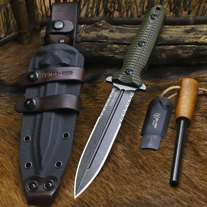BA-KOR 11.4” Fixed Blade Hunting Knife, CPM 3V Steel Full Tang Survival Knife, 5mm Thick Stonewashed Dual Edge with Partial Serration, G10 Handle, Leather Kydex Sheath & 5.9” Fire Starter
