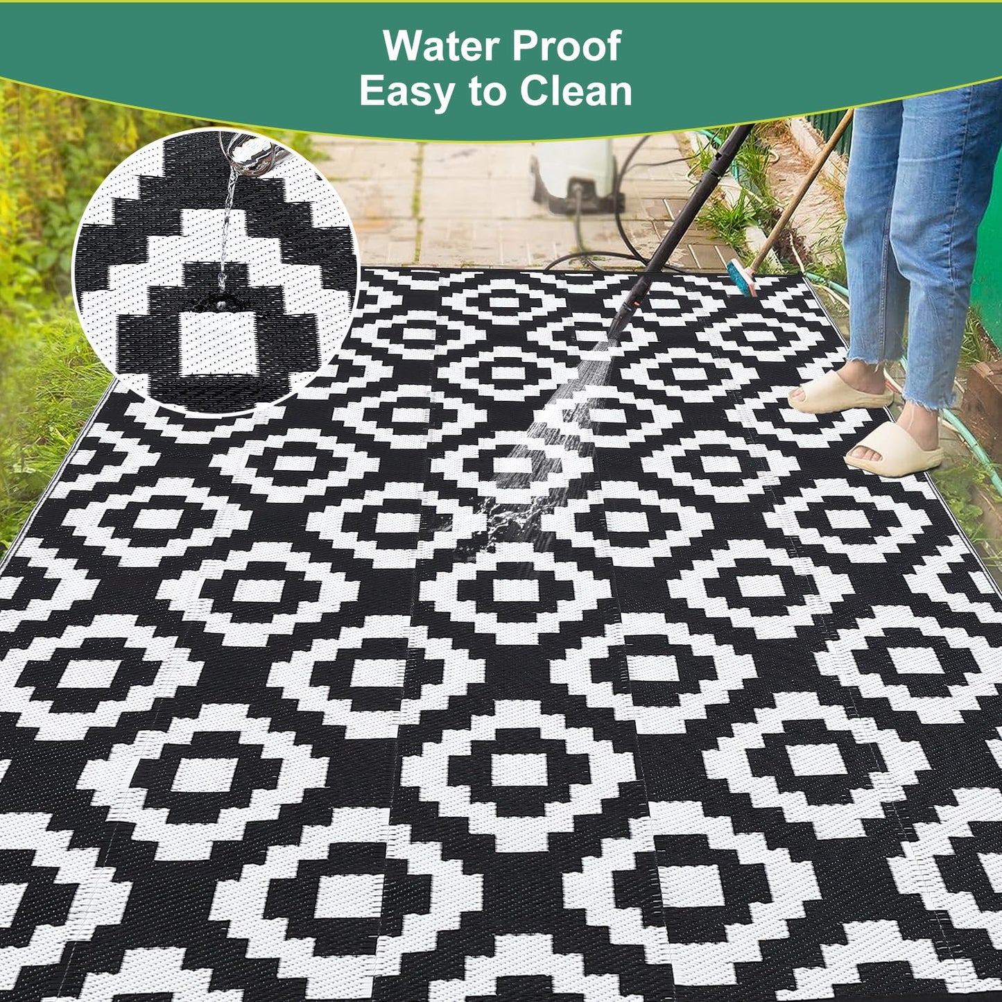 GlowSol Waterproof Outdoor Rug 9x18 Reversible Outdoor Plastic Straw Rug Camping RV Carpet Outside Modern Geometric Foldable Patio Mat for Porch,Deck,Backyard,Balcony,Picnic,Beach,Black White