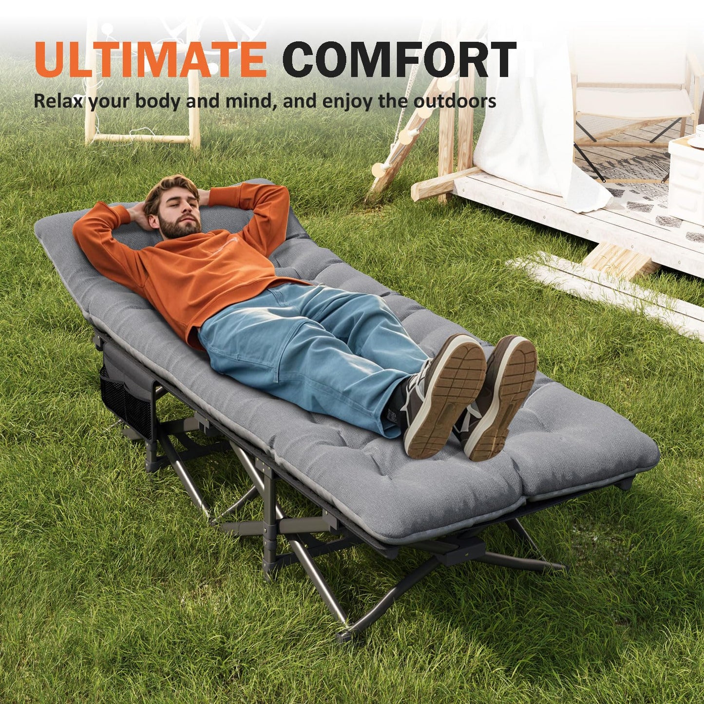 ATORPOK Camping Cot for Adults with Cushion Comfortable, Portable Folding Bed for Sleeping Supports 450 lbs (Gray)