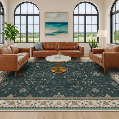 Hazo Haus Dark Green Vintage Living Room Rug - Boho Floral Design, Washable 9x12 Non-Slip Area Rug
