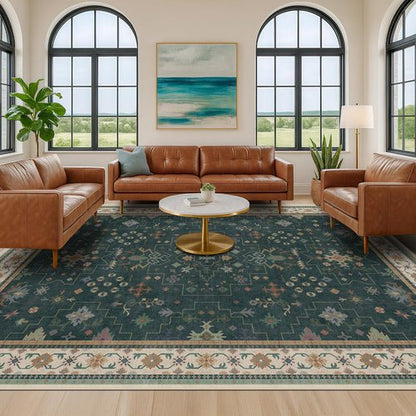 Hazo Haus Dark Green Vintage Living Room Rug - Boho Floral Design, Washable 9x12 Non-Slip Area Rug