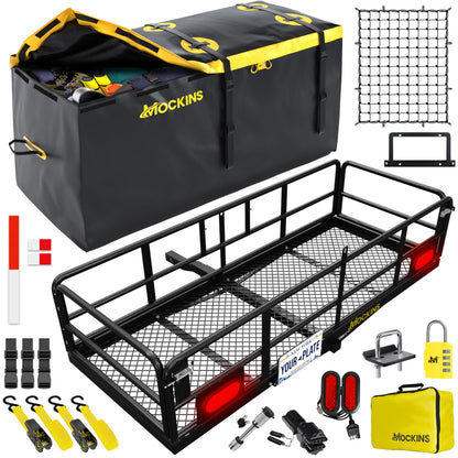Mockins 60"x24"x14" High Rail Car Trailer Hitch Cargo Carrier w/Rear Lights, Plate Bracket & 30 CuFt Waterproof Hitch Cargo Bag | 500 Lbs. Cap Weatherproof Folding Luggage Rack for SUV Car Truck & RV