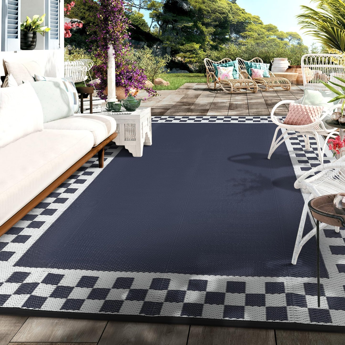 LUXLOOM 9x18 Outdoor Rug Waterproof Large Camping Rugs Reversible Plastic Straw RV Mat, Foldable Fade-Proof & Hose-cleanable Outdoor Carpet with Stakes & Carry Bag for Patio Deck Beach Blue White