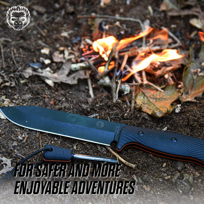 Holtzman's Gorilla Survival Lavaline Fixed Blade Hunting Knife with Sheath, Fire Starter, G10 Scraper & Paracord (Black+Orange) - Durable 1095 High Carbon Steel
