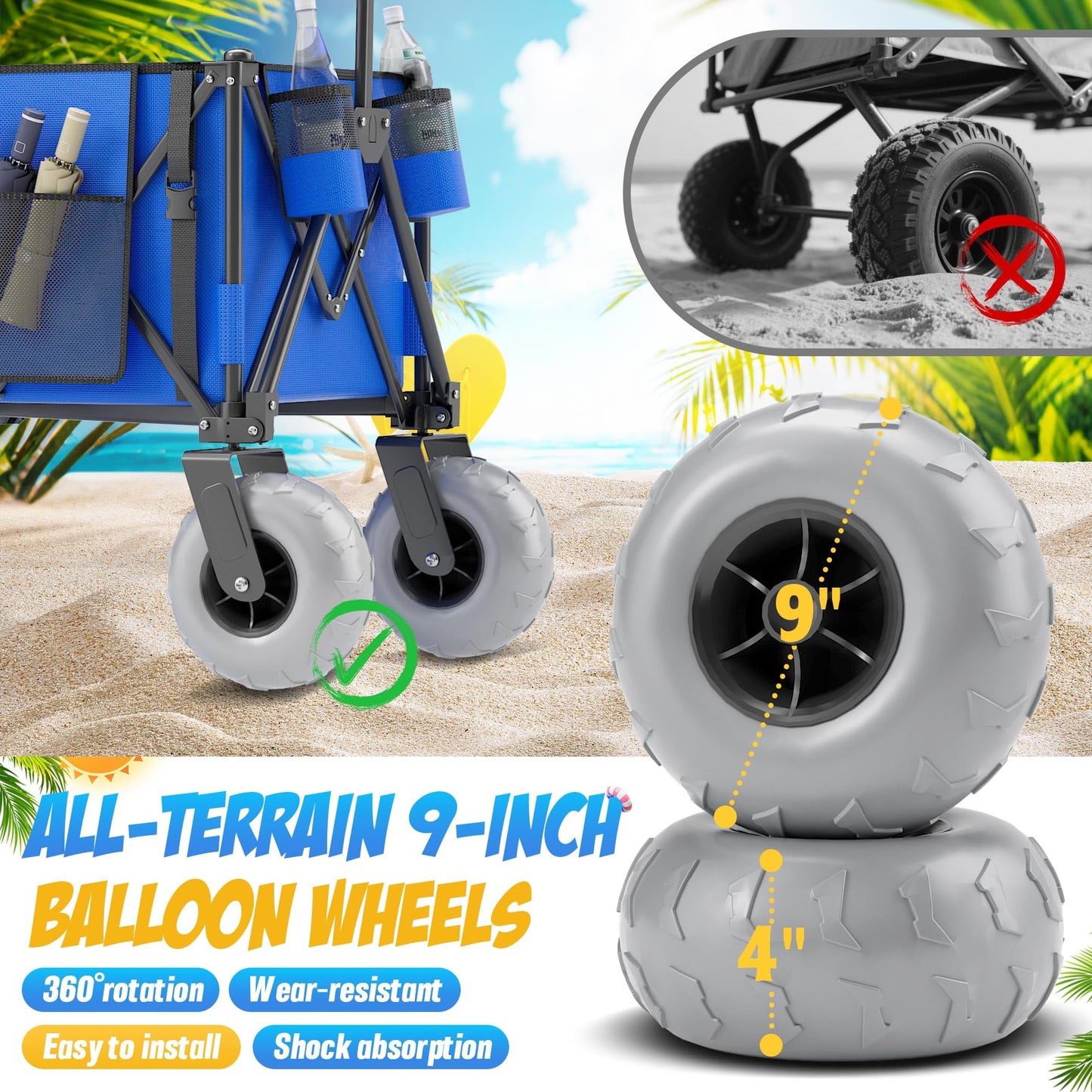 Beach Wagon with Big Wheels for Sand, 350lbs Heavy Duty Folding Wagon, Oversized 180L, 9" PVC All-Terrain Wheels, Adjustable Handle, Cooler & Storage Bags for Beach, Camping & Outdoor Sports (Blue)