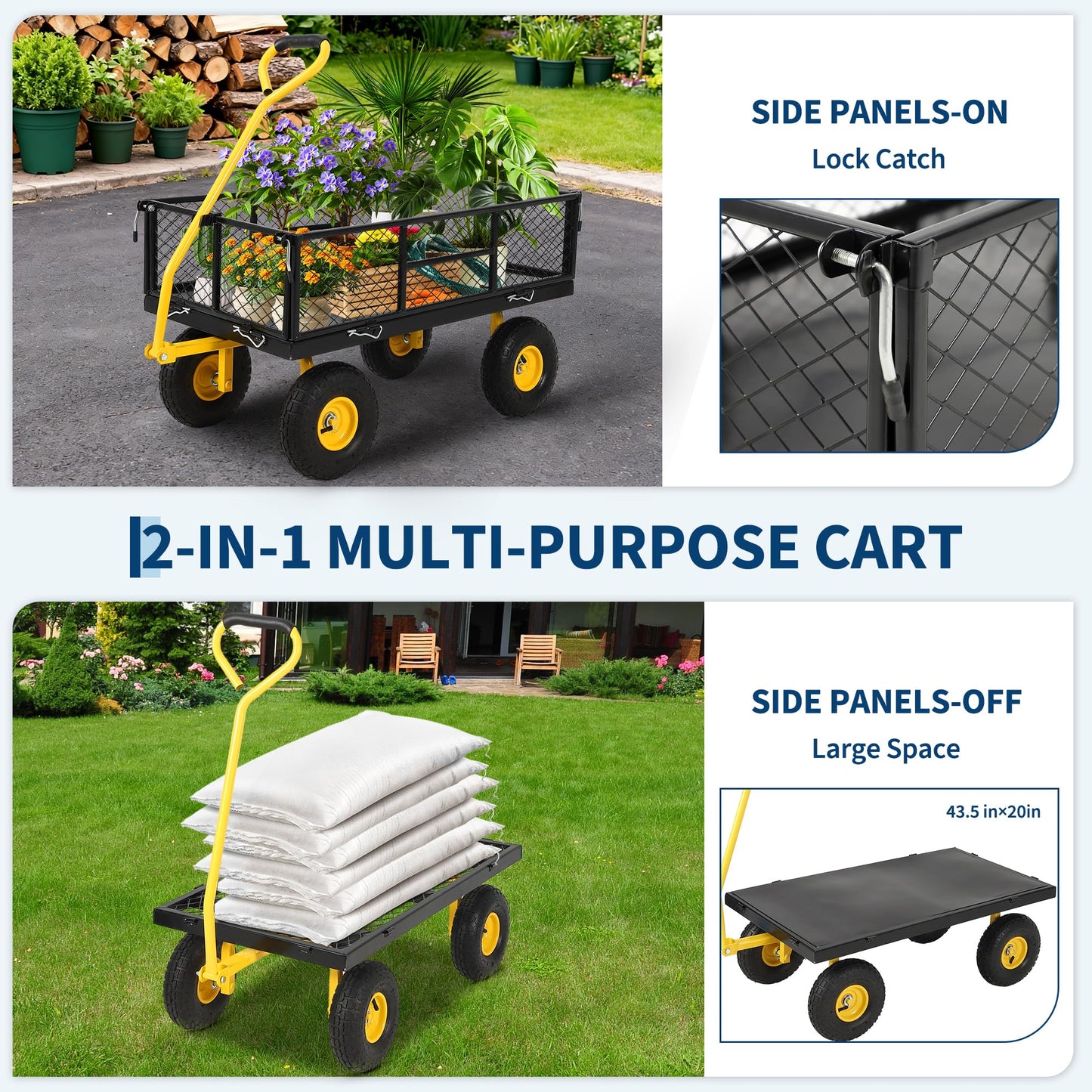 Garvee 900 LB Garden Cart with 10 in All Terrain Tires, 2-in-1 Wagon Cart with Removable Side Panels, Heavy Duty Metal Utility Garden Wagon for Outdoor Lawn, Yard, Backyard
