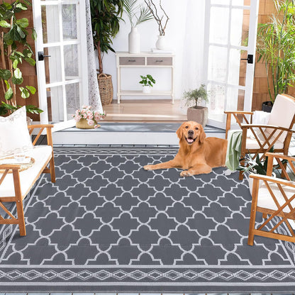 GlowSol Reversible Outdoor Rug 9x12 ft Clearance, Waterproof Outdoor Plastic Straw Rug with Carry Bag, Modern Geometric Patio Rug,RV Mat for Porch,Deck,Backyard,Camping,Balcony,Deck,Backyard,Grey
