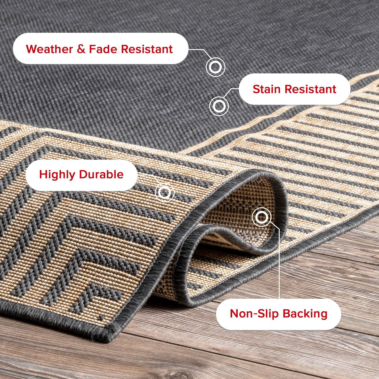 Nuloom Asha Dark Grey/Ivory, 6'7" Round, Casual, Striped Border, Soft and Cozy, High Traffic, Stain Resistant, Easy Clean, Durable Area Rug for Indoor/Outdoor Patio, Deck, Porch, Garden, Courtyard