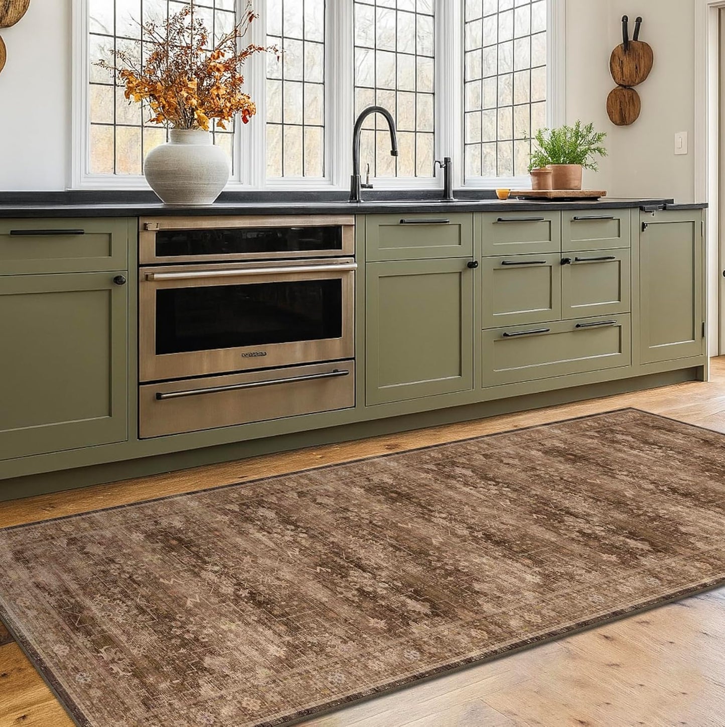 Skiennix Washable 10ft Hallway Runner Rug - Non-Slip Rubber Backing | Boho Vintage Brown 2'6"x10'