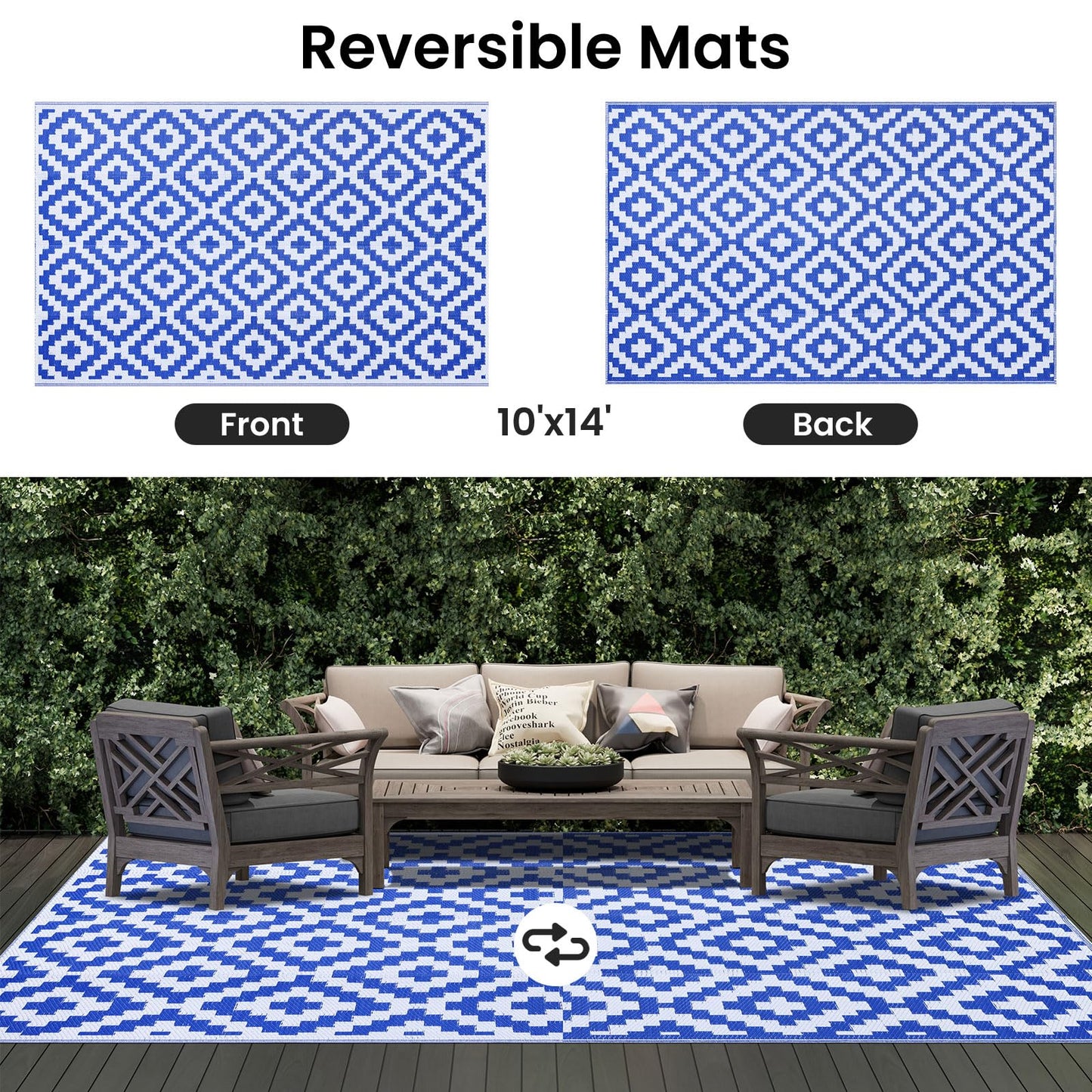 Smiry Waterproof Outdoor Rug 10X14 ft, Reversible Plastic Straw Patio Camping Rugs, Outdoor Indoor RV Mat Carpet for Patio, Outside Entry, Backyard, Deck, Bench, Picnic, Camper, White & Blue
