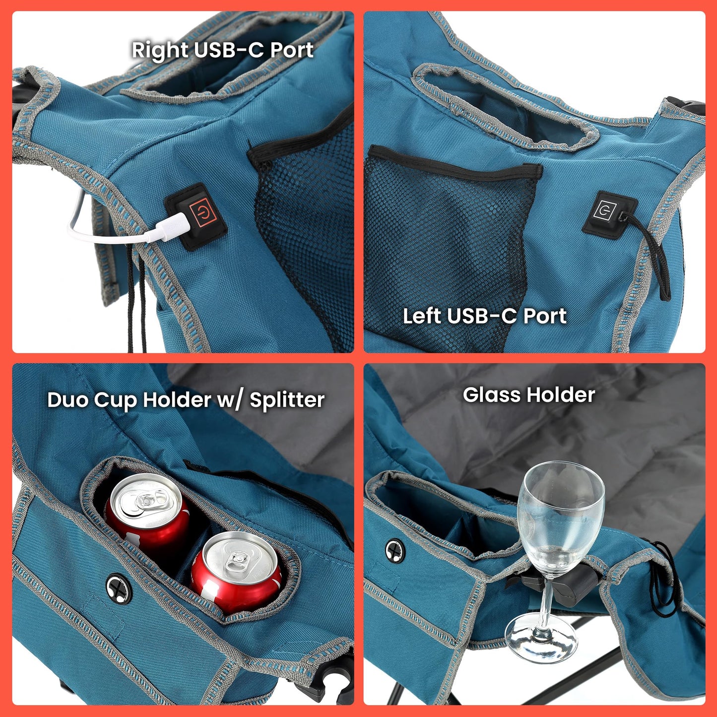 ARROWHEAD OUTDOOR 57" Wide Duo Foldable Heated Camping Loveseat Chair with 3-Stage Heating, Large Cup Holders, Glass Holders, Side Pockets, and Storage Pouches - Blue and Grey