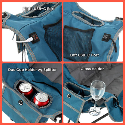 ARROWHEAD OUTDOOR 57" Wide Duo Foldable Heated Camping Loveseat Chair with 3-Stage Heating, Large Cup Holders, Glass Holders, Side Pockets, and Storage Pouches - Blue and Grey