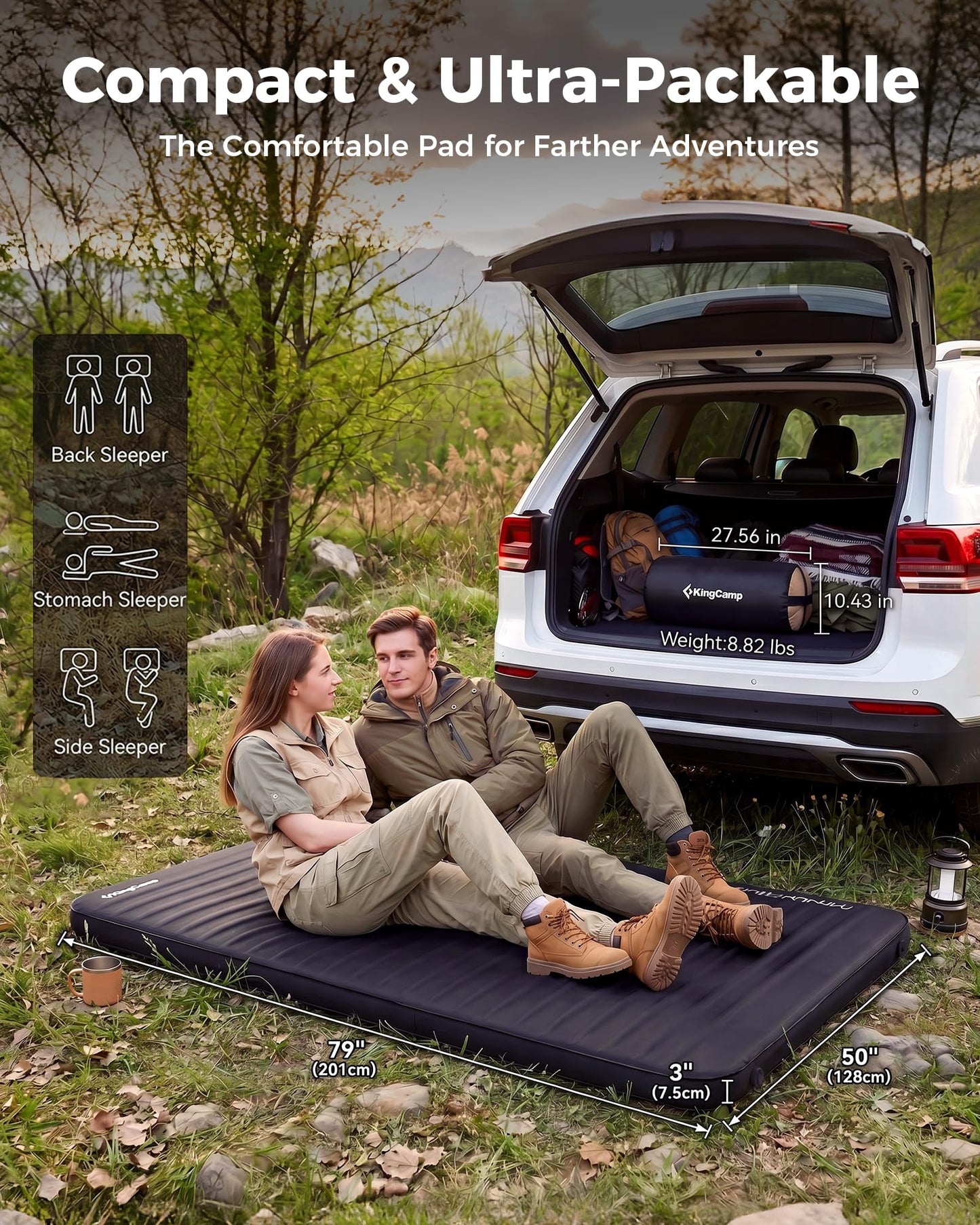 KingCamp Premium Double Self Inflating Sleeping Pad, 7.5 R-Value Air & Foam Camping Mattress 2 Person, 3" Thick Double Size Insulated Sleeping Pad with Pump Sack for Car Camp Tent, PVC Free, Black