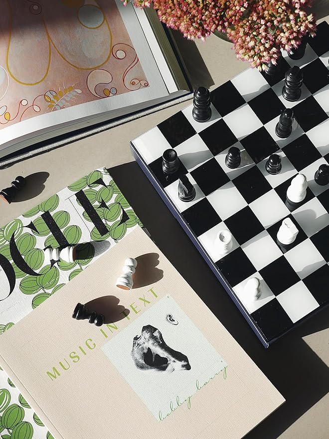 Printworks Art of Chess – Black &amp White Wooden Chess Set with Acrylic Board – Stylish Coffee Table Game for Adults – Multilingual Instructions Included