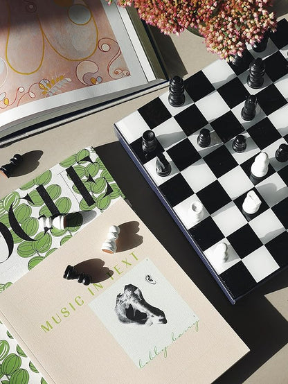 Printworks Art of Chess – Black &amp White Wooden Chess Set with Acrylic Board – Stylish Coffee Table Game for Adults – Multilingual Instructions Included