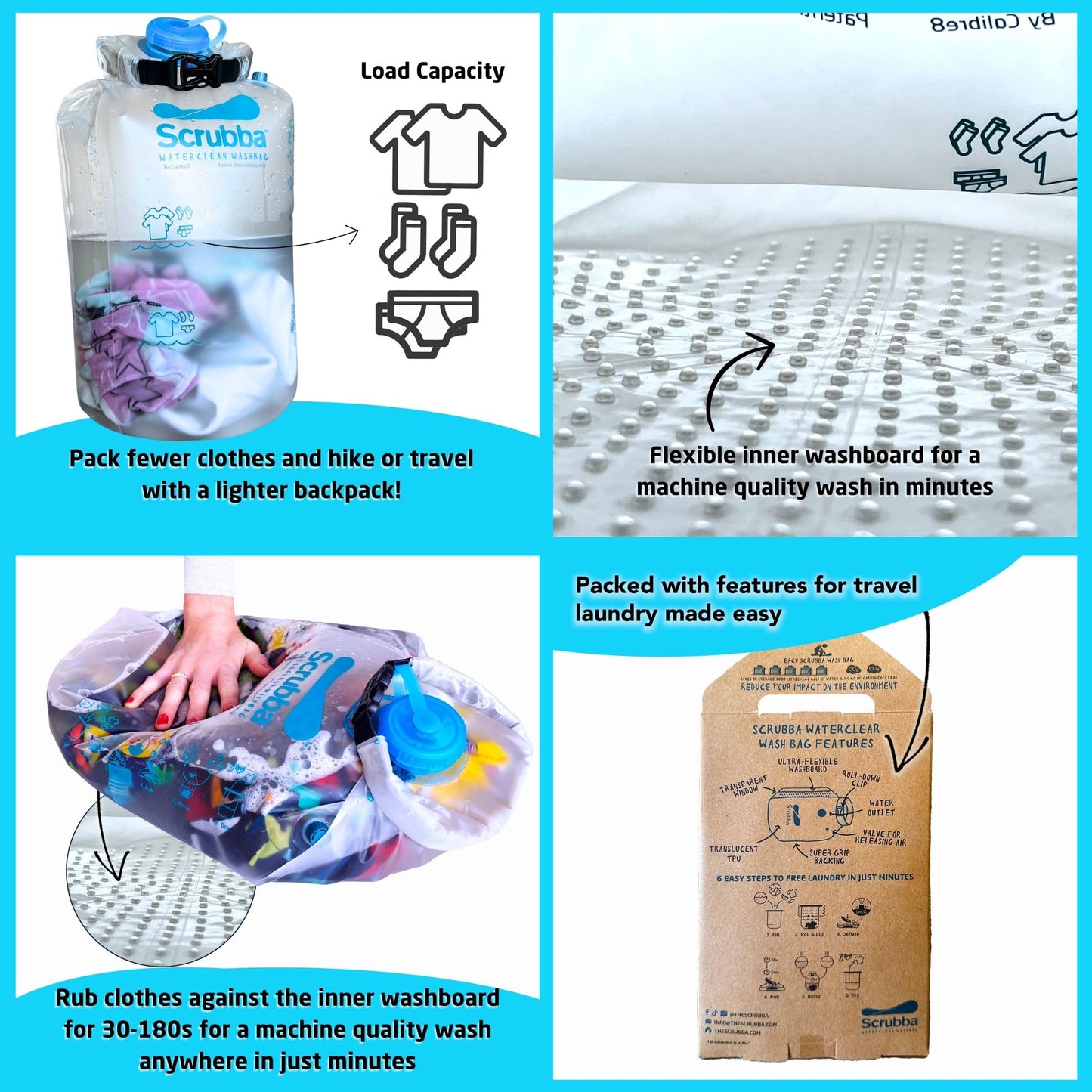 Scrubba WATERCLEAR Wash Bag & Dry Kit - Portable Washing Machine System with XL Towel, Pegless Line & Hangers - Lightweight Laundry Essentials for Camping, Hiking, Hostels & Hotels - Easy-Rinse Inlet