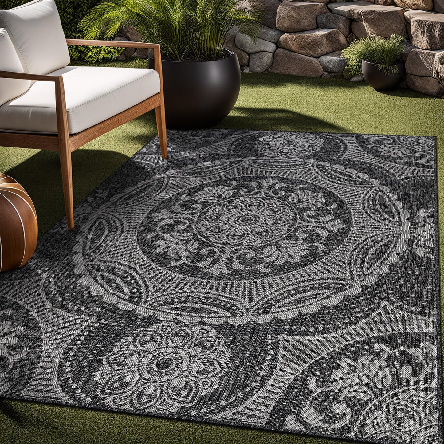 Luul Home Medallion Outdoor Rug 9x12 Washable Outside Carpet for Indoor Patio Porch Waterproof Easy Cleaning Non Shedding Area Rugs Dark Gray 9 x 12