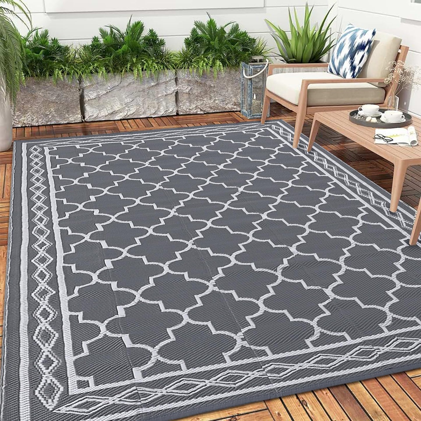 GlowSol Reversible Outdoor Rug 9x12 ft Clearance, Waterproof Outdoor Plastic Straw Rug with Carry Bag, Modern Geometric Patio Rug,RV Mat for Porch,Deck,Backyard,Camping,Balcony,Deck,Backyard,Grey