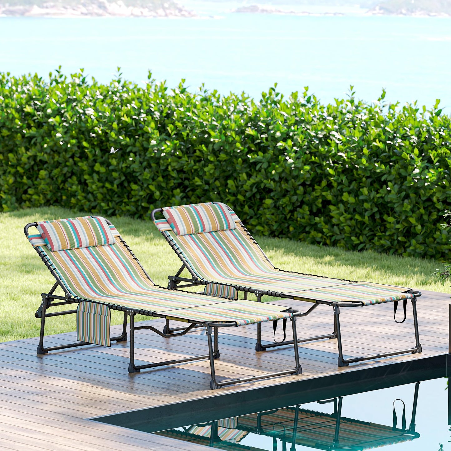 Outsunny 2 Piece Folding Chaise Lounge with 5-Level Reclining Back, Tanning Chair with Face Hole, Outdoor Lounge Chair with Side Pocket & Headrest for Beach, Yard, Patio, Rainbow Striped