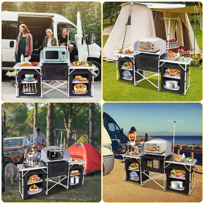 Nice C Camping Kitchen Table, Folding Grill Table, Upgrade Light Stand and Windshield Cooking Station & 3 Organizers, Carry Bag for Outdoor, Beach, BBQ, Picnic, Cooking, Indoor, Office(Silver)