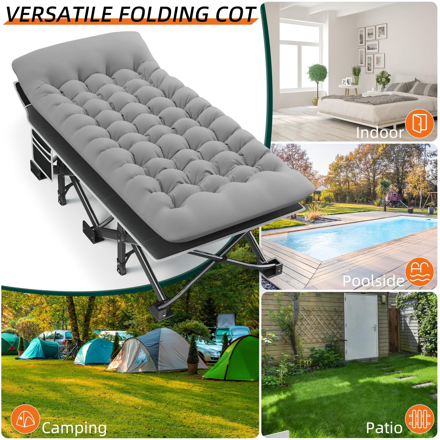Fragess Portable Camping Cot, 32" Extra Wide Camping Cots for Adults with Thick Mattress, Heavy Duty Sleeping Cot Holds Up to 600LBS, Cots for Sleeping, Rv, Beach, Patio, Office Naps(Grey)