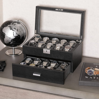 ROTHWELL 20 Slot Leather Watch box - Luxury Case Display Jewelry Organizer, - Locking Display Case Holder with Large Real Glass Top - Watch Box Organizer for Men and Women (Black/Grey)