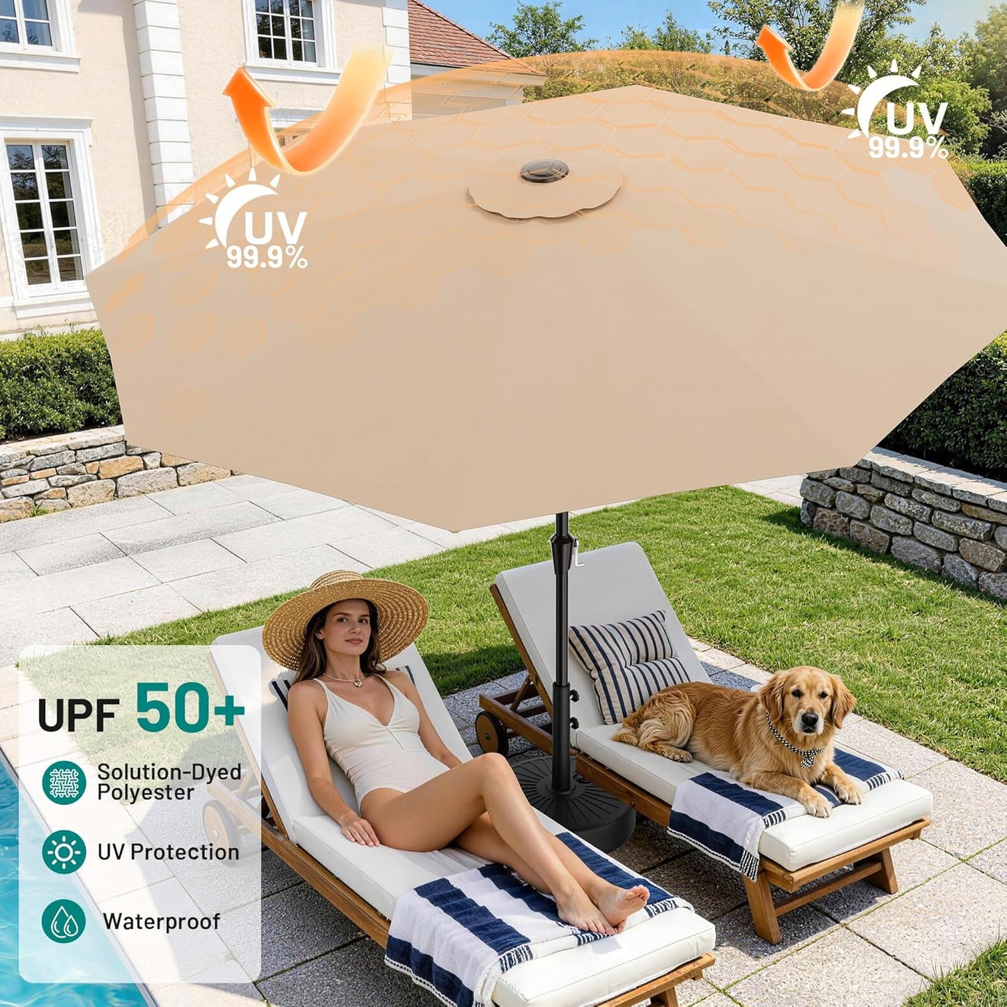 AreShark 9 FT Patio Umbrella - Outdoor Table Umbrella with Push Button Tilt & Crank | Beige, 8 Sturdy Ribs