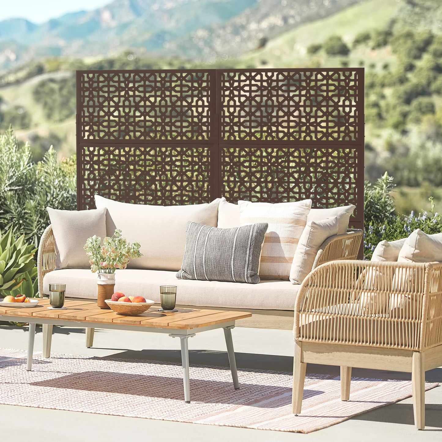 Elevens Outdoor Decor Privacy Fence Screen Metal Fence Panels,Decorative Privacy Screen with Stand,Outdoor Divider for Garden Patio Backyard,76" H×35" W(Brown-Perilla)