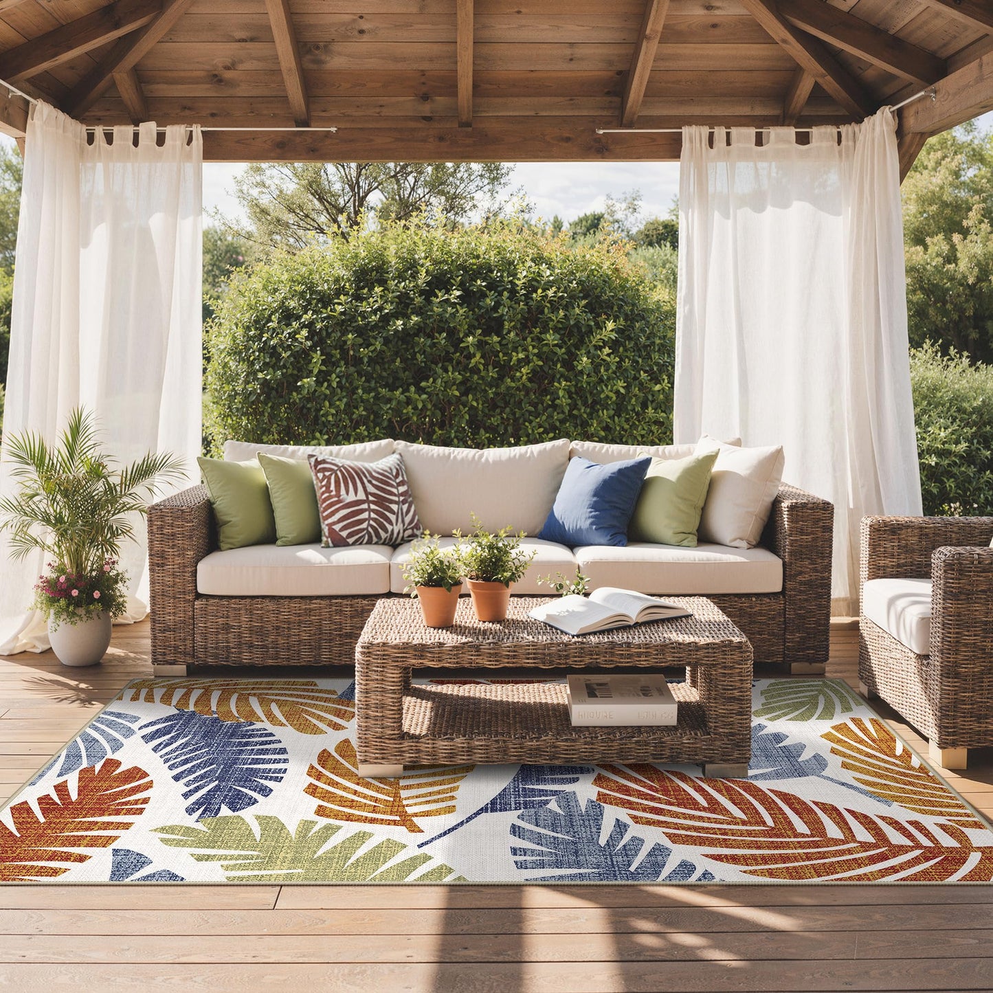 GENIMO Outdoor & Indoor Area Rug 8'x10', Waterproof, Non-Shedding, Easy Cleaning, Leaf Mat for Patio, Living Room, Balcony, Dining Room, RV, Deck, Bedroom, Camping, Outside Carpet, Rust Navy