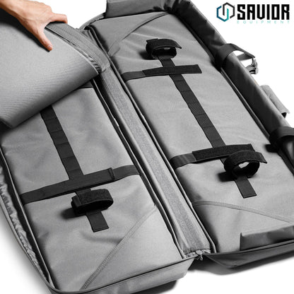 Savior Equipment Specialist Series Tactical Double Long Gun Bag Case Backpack 4 Pistol Handgun Storage, Lockable Zippers, Padded Drag Handles, w/Adjustable Shoulder Strap, 36 Inch SW Gray